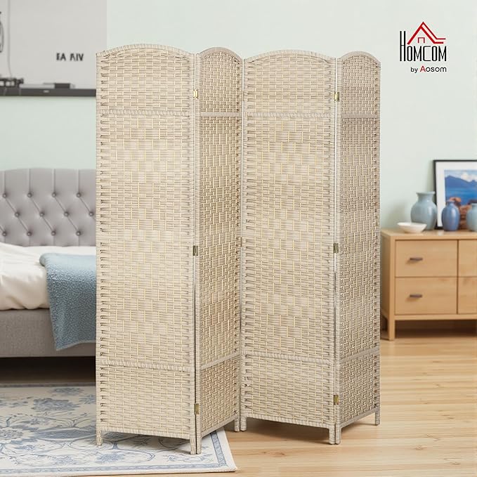 HOMCOM Room Divider 6 Ft 4 Panel Folding Privacy Screen Hand-Woven PP Wall Partition with Pine Wood Frame Freestanding Room Separator for Bedroom Home Office No Assembly Washed Oak