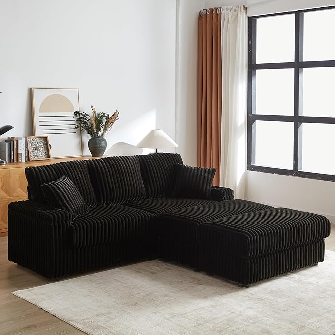 84 Oversized Double Chaise Lounge Indoor Modern Comfy Corduroy Sectional Couch with Ottoman Loveseat Sleeper Sofa Bed with Cup Holder Home Sofa Living Room Apartment (Black)