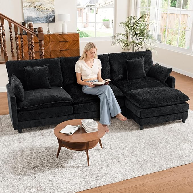 113'' L Shaped Cloud Couch 4-Seater Modular Sectional Sofa with Double Layer Upholstered Seat Cushion Chenille Deep Seat Couches with Ottoman &amp Pillows for Living Room &amp Apartment Black