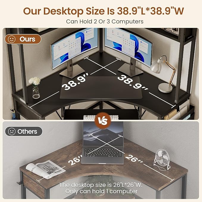 SEDETA Corner Desk Small Computer Desk with Hutch &amp LED Lights Triangle Corner Gaming Computer Desk with Keyboard Tray Storage Bag and Headphone Hook for Small Space Home Office Desk Black