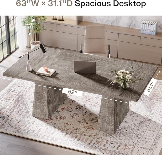 Tribesigns 63-Inch Executive Desk Large Office Computer Desk with Double Pedestal Modern Simple Workstations Writing Table Conference Table Business Furniture for Home Office Grey