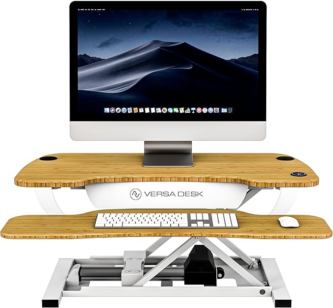 VERSADESK® PowerPro™ 36” x 24” Electric Sit-to-Stand Desk Converter w/Keyboard Tray for Home or Office | USB Charging Port | Supports Multiple Monitors | Lifts 80 lbs. - Natural Bamboo | White Base.