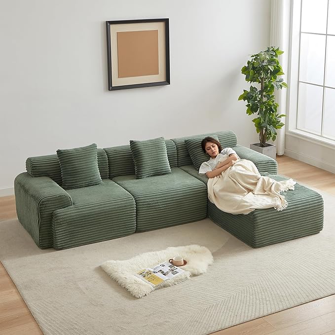 114-inch Oversized Modular Sectional Sofa Fluffy Boneless Compressed Memory Foam Corduroy Couch Comfy Modern L Shaped Couches with Ottoman &amp Pillows for Living Room Apartment Bedroom Green