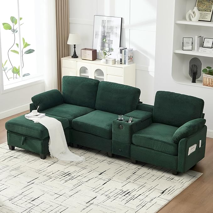 KEIKI 105 L-Shaped Oversized Corduroy Modular Sectional Sofa with 1 Ottoman and Multi Functional Console 4-Seater Upholstered Couch with USB and 2 Cup Holder Easy Assembly for Living Room Emerald