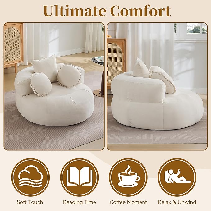 Round Oversized Chair Floor Sofa Chair Chenille Compressed Circle Chaise Lounge No Assembly Boneless Barrel Chair Lazy Bean Bag Couch Accent Chair for Living Room Bedroom DormBeige