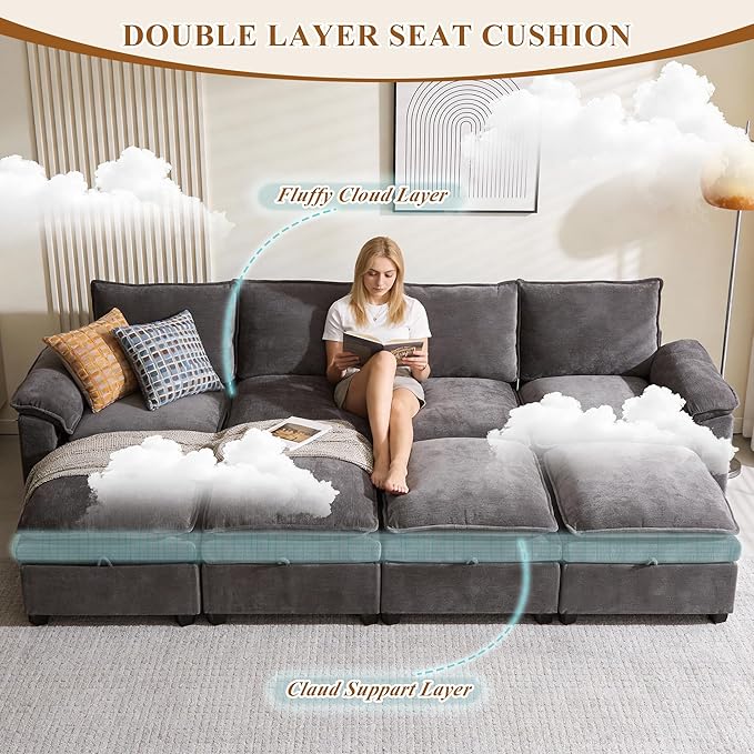 108 Sectional Couches for Living Room U Shaped Cloud Couch Sectional with Ottoman Storage Modular Sectional Sofa with Pillow Deep Seater Sofa for Living Room (Gray Loveseat with Ottoman)