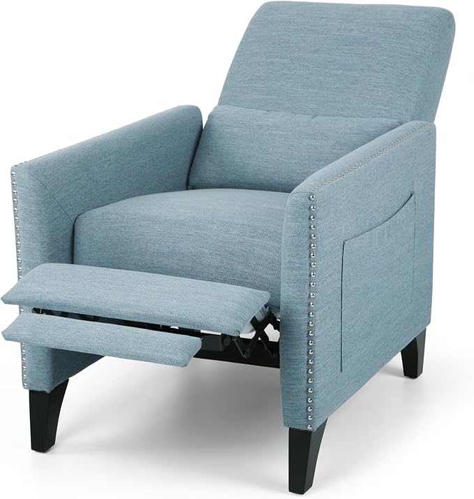 Mid-Century Fabric Rocker Recliner Chair with Tufted Design Adjustable Single Recliner Sofa with Thicker Seat Cushion with Pocket for Living Room Bedroom Apartment (Light Blue Style2)