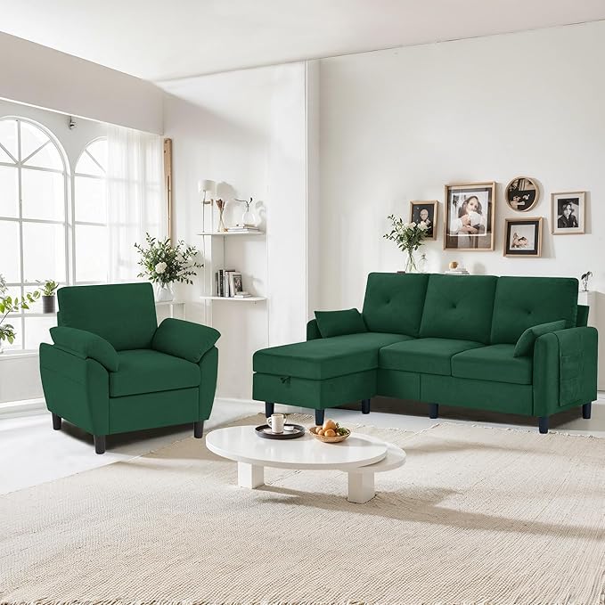 Sectional Sofa Set 77 Convertible Sofa and 35 Accent Chair Small 3 Seat L Shaped Couch with Storage Ottoman and Side Pockets Modern Couch for Living Room Office Apartment Green