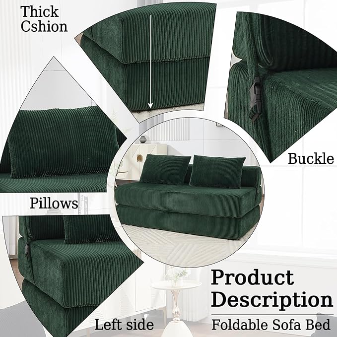 55 Convertible Folding Sofa Bed with 2 Pillows Corduroy Foldable Sleeper Sofa for Adult Floor Couch Bed for Living Room Bedroom No Assembly (Green)
