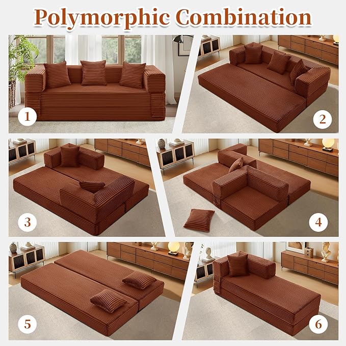 KBQ 3-Seat Convertible Sleeper Sofa Bed with 3 Pillows Boneless Sofa in a Box Corduroy Folding Mattress Couch Floor Sofa Lounge Couch for Living Room Bedroom Lounge Orange