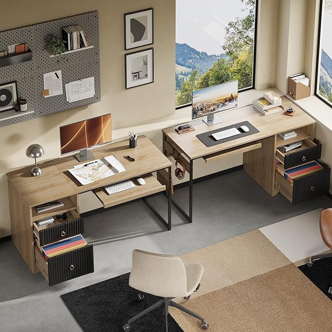 Bestier 55 Inch Computer Desk with Keyboard Tray Modern Office Desk with Storage Wood Writing Desk with File Drawer Fluted Panel &amp 2 Hooks for Home Office &amp Studio Natural Oak