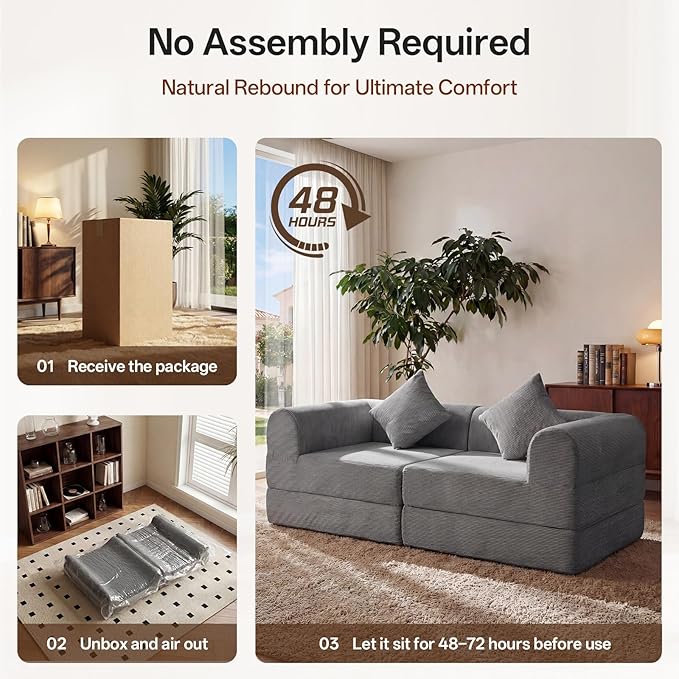 74.8’’ Boneless Modular Convertible Sofa Bed Fold-Out Floor Couch Loveseat All-Foam Futon Mattress Couch Corduroy Sleeper Sofa for Living Room &amp Small Spaces No Assembly Required Gray
