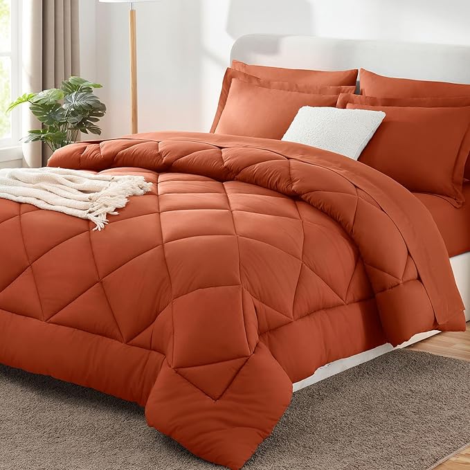 CozyLux Queen Comforter Set Burnt Orange - Bed in a Bag Queen Size 7 Pieces Luxury Soft Bed Set for All Seasons Bedding Set with Down Alternative Comforter Sheets Pillowcases &amp Shams Terracot