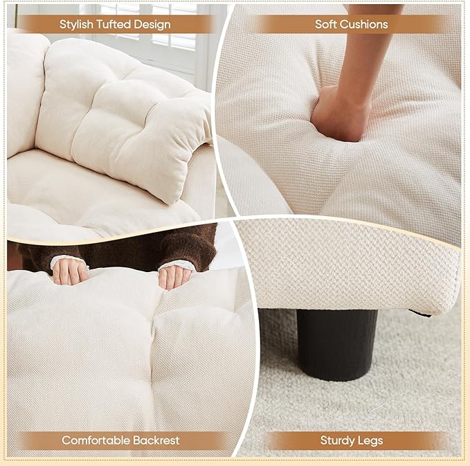 Modern Sofa Couch 94.8W Chenille Tufted Fluffy Comfy Cloud Couch with Tutfted Design &amp Armrest Pillows Upholstered Oversized Loveseat Sofa for Living Room Bedroom Office Apartment Beige