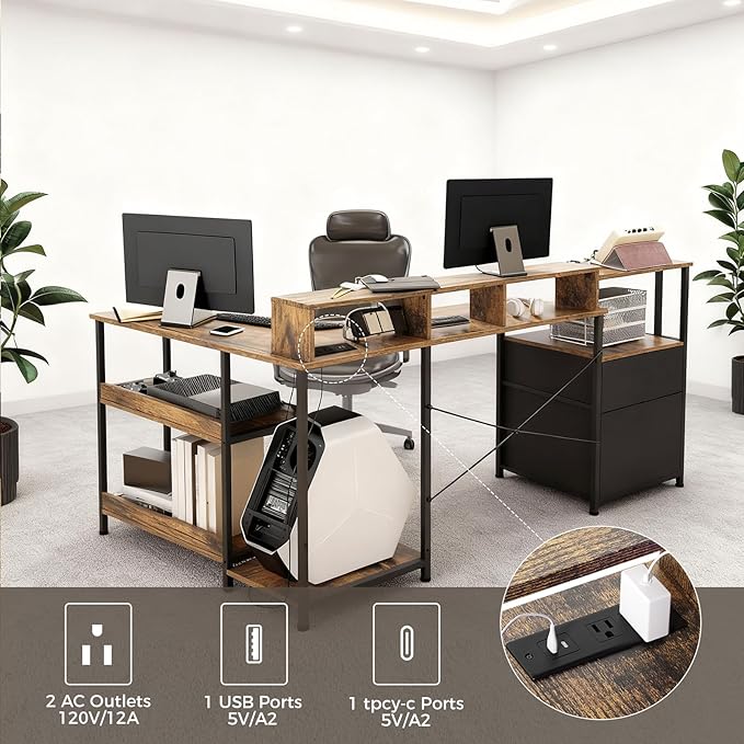 GTPLAYER 73 L Shaped Gaming Desk Reversible Computer Desk with Power Outlets &amp LED Lights Home Office Corner Desk with Storage Shelves Monitor Stand and Tower Space Rustic Brown
