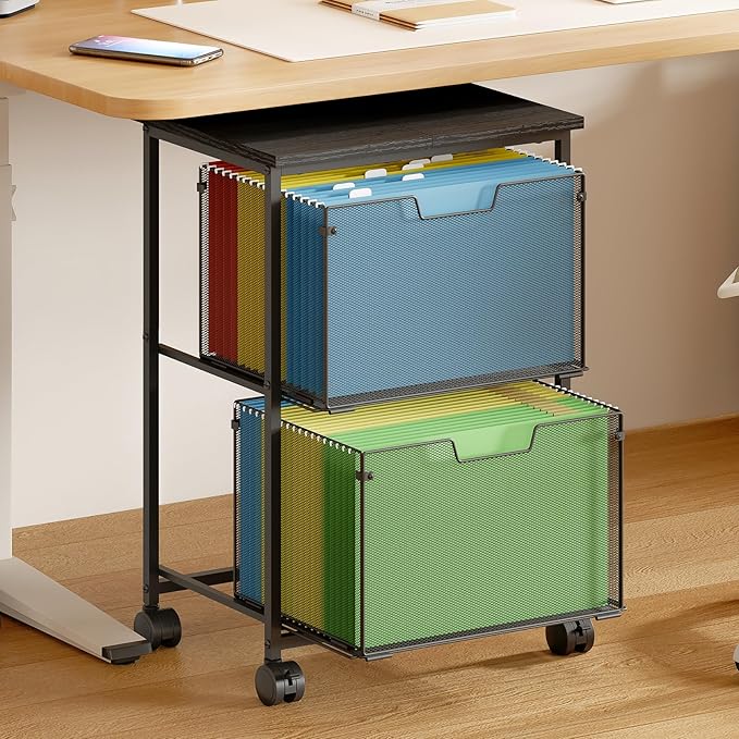 Letter/Legal Rolling File Cart with 2 Storage Drawers Under Desk Storage Vertical Filing Cabinet for Home Office Hanging File Folders Organizer Mobile Utility Cart Printer Stand Black