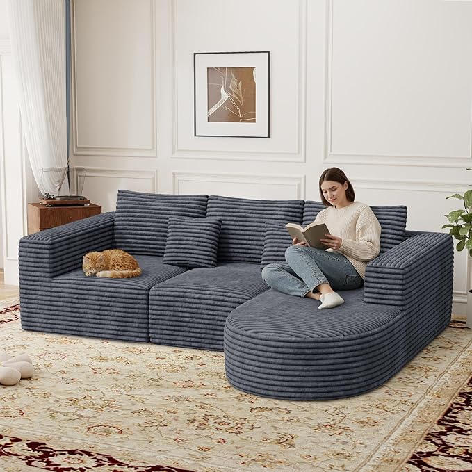 110 Boneless Couches for Living RoomModular Sectional Sofa with OttomanCloud Couch in a BoxSponge Compression L-Shaped Sofas with Chaise No Assembly RequiredGray1pcs