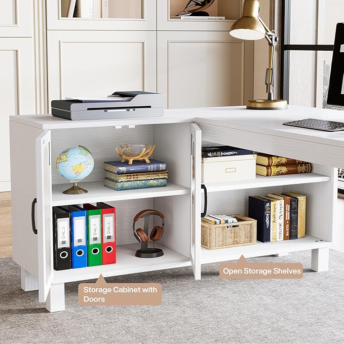 Tribesigns L-Shaped Desk with File Cabinet 59-Inch Executive Office Desk with Storage Shelves Wooden Study Writing Desk Farmhouse Corner Computer Desk for Home Office White