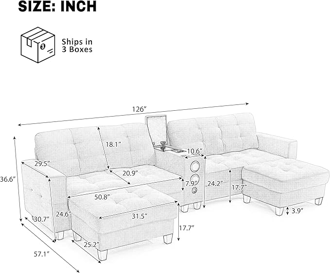 Merax Modern U-Shaped Sectional Sofa with Cupholders Charging Station and Multifunctional Console Chenille Upholstered Modular Couch &amp Movable Storage Ottomans for Living Room Apartment Grey