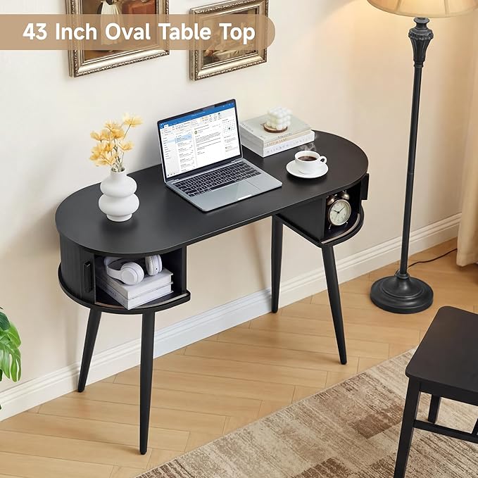 AVZEAR 43 Oval Fluted Home Office Desk Small Computer Desk Mid Century Modern Vanity Table with Sliding Tambour Door Wooden Writing Study Desk for Small Spaces Bedroom Office(Black)