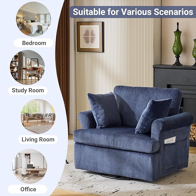 Karl home Swivel Accent Chair Set of 2 39 Oversized Armchair W/2 Pillows and 4 PocketsModern Corduroy Barrel ChairsComfy Single Sofa for Living RoomReadingBedroom and Office-Dark Blue