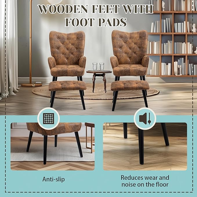 ECOTOUGE 2 Pieces Accent Chair with Ottoman Button Wingback Chair Wingback Leisure Single Sofa Arms Upholstered Tall Back Leather Chairs for Bedroom Brown (Anti-Skid Feet Caps)