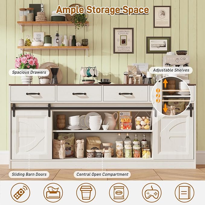St.Mandyu 70 Large Farmhouse TV Stand for 85/80/75/70 Inch TVs w/4 DrawersRustic Tall Media Console w/Sliding Barn Door Adjustable ShelvesTall Entertainment Center for Living RoomWhite