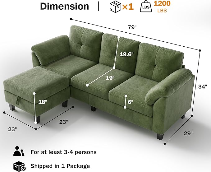 WEUP 79 Convertible Sectional Couch with Storage Ottoman L Shaped Small Sofa 4 Seat Couches for Living Room Apartment Small Space Green
