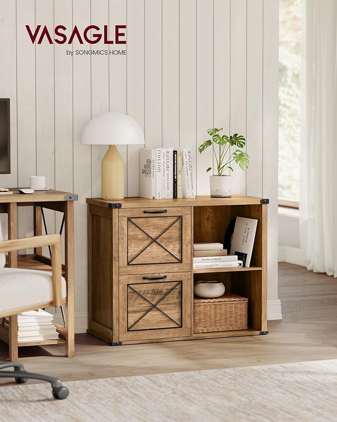 VASAGLE Lateral File Cabinet Filing Cabinet with 2 Drawers Printer Stand 2 Open Compartments Fit A4 Letter Size Hanging File Folders for Home Office Farmhouse Style Honey Brown UOFC049T41