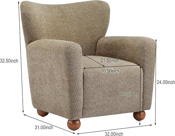 Christopher Knight Home Lindy Wingback Accent Chair Upholstered Armchair with Rounded Wooden Legs Curved Backrest Single Sofa Soft Cushion Seating Comfy Lounge Chair for Living Room Light Brown