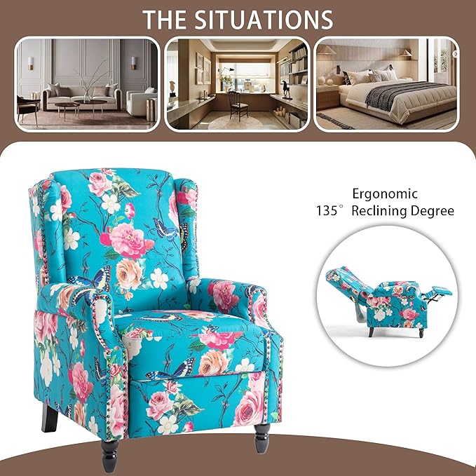 Floral Pushback Recliner Chair Fabric Upholstered with Rivet Trim for Living Room Home Theater Accent Club Chair - Peacock Blue Rose