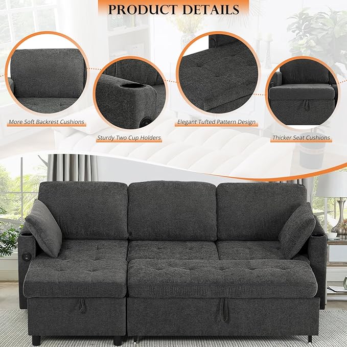 84 Fabric Sleeper Sofa Bed w/Adjustable Backrests L-Shaped Sectional Sofa Bed w/USB Port &amp Thickened Cushions Convertible Pull Out Couch Bed w/Storage Bags for Living Room Grey