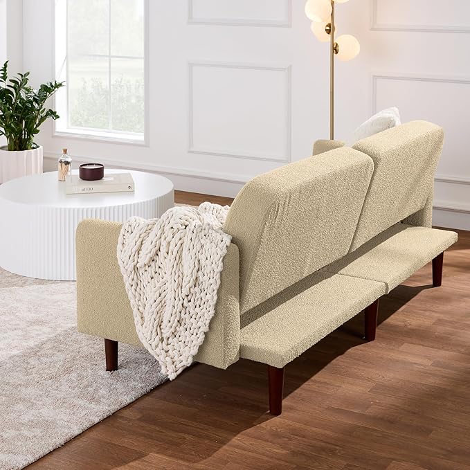 Best Choice Products 77 Mid Century Modern Boucle Loveseat Sofa Couch Convertible Sofa Sleeper Bed w/Real Wood Removable Armrest - Oatmeal