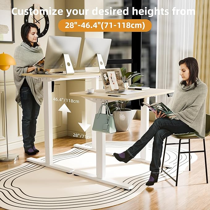 ERGOMAKER Electric Standing Desk 31.5 x 23.6 Height Adjustable Sit Stand Desk with Splice Board for Home Office Computer Desk Memory Preset (White Frame Gold Oak Desktop)