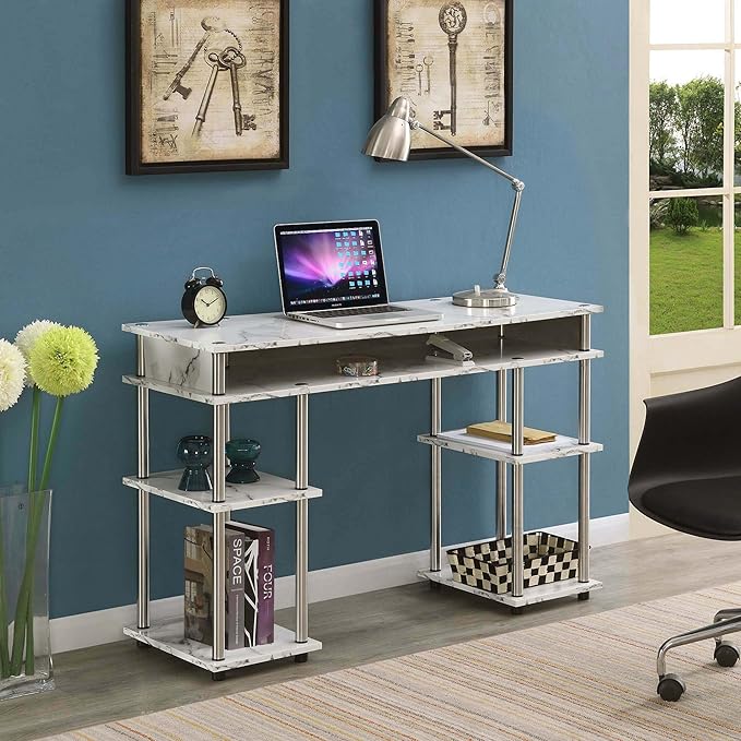 Convenience Concepts Designs2Go No Tools Student Desk 47.25 - Contemporary Office Dorm Room Desk and Vanity with Storage Shelves White Faux Marble II/Chrome