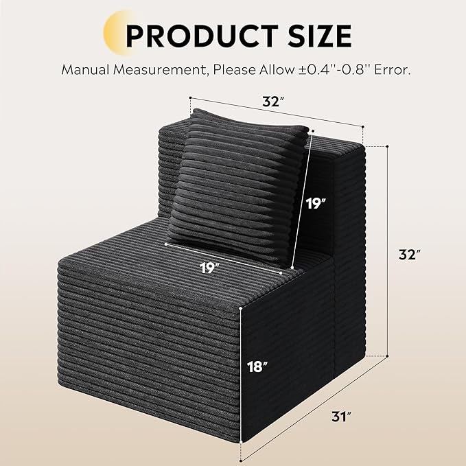 WLIVE 32'' Middle Sofa Seat of Cloud Sectional Couches for Living Room Boneless Armless Chair Memory Foam Corduroy Black