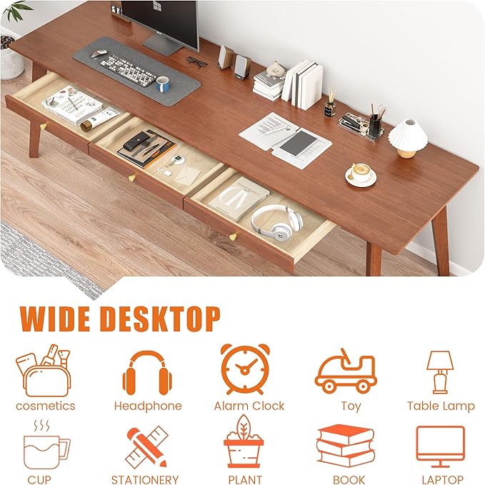 100% Solid Wood Desk 71 Mid Century Modern Desk with 3 Drawers Large 2 Person Vintage Writing Desk Simple Wooden Table for Restaurants Home Offices