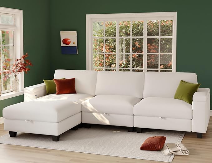 Sectional Couches for Living Room - Modular L Shaped Couch 103 Oversized 3 Seater Sofas with Ottoman - White Modern Chenille Fabric Storage Sofa 4 Pieces Furniture Set
