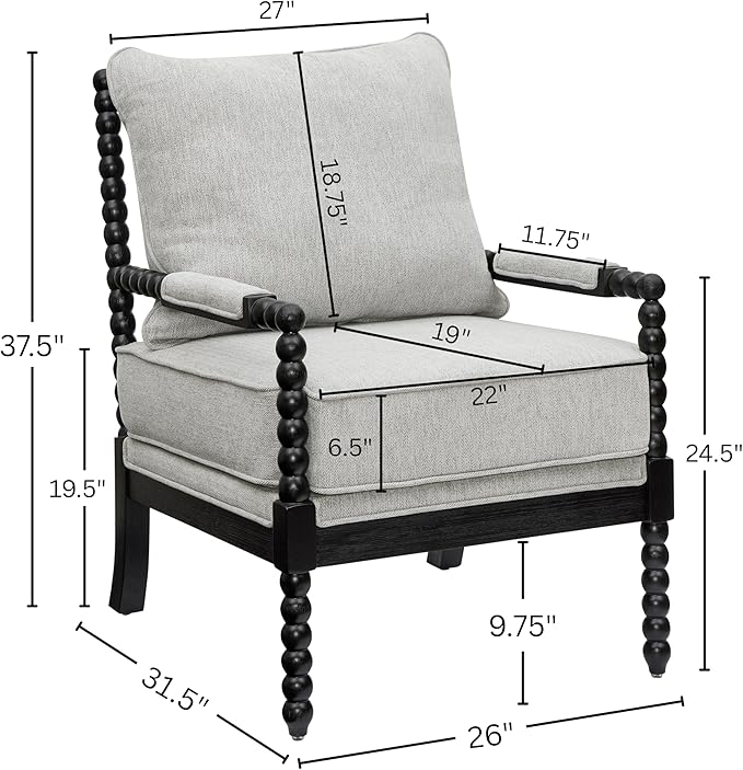 Roundhill Furniture Belvoir Upholstered Spool Accent Chair with Turned Wood Frame Gray with Black Finish