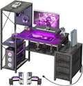 Small Gaming Desk with 2 Fabric Drawers - Reversible Computer Desk with Power Outlet &amp LED Lights 49 Office Desk with Monitor Stand &amp Storage Shelves Writing Study Table with Pegboard Grey