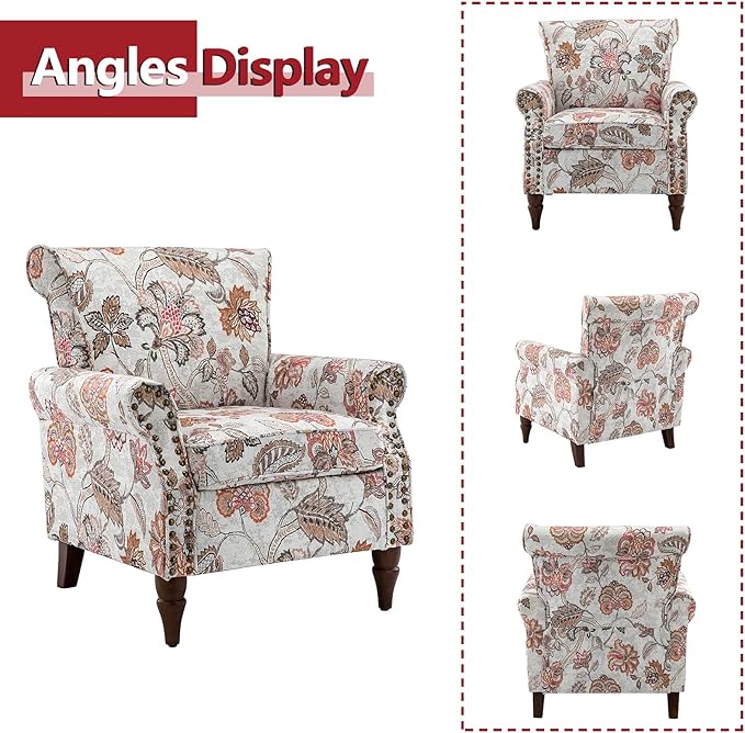 HULALA HOME Modern Wingback Accent Chair with Wood Legs &amp Removable Cushion Comfy Upholstered Armchair with Nailhead Trim Floral Pattern Single Sofa Chair for Living Room Bedroom Pink