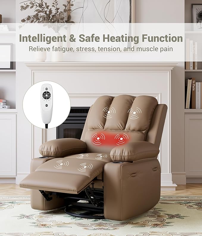 GarveeHome Oversized Recliner Chairs with Heat and Massage - 360° Swivel Lazy Recliner Chair for Adults- Manual Recliner Chair with Cup Holder for Living Rooms Bedrooms and Nurseries - Tan