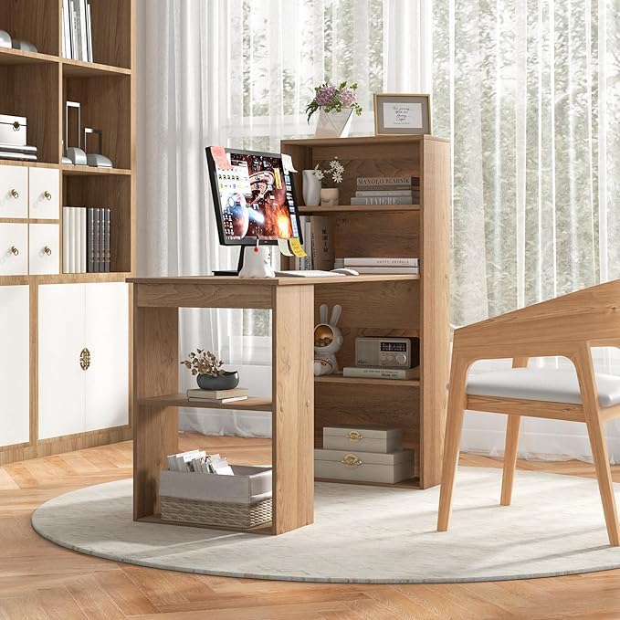 GRAFFY Computer Desk with 6 Storage Shelves - 48 Reversible Writing Desk Workstation with Bookshelf and CPU Stand Modern Compact Office Desk for Bedroom Study Home Office (Natural)