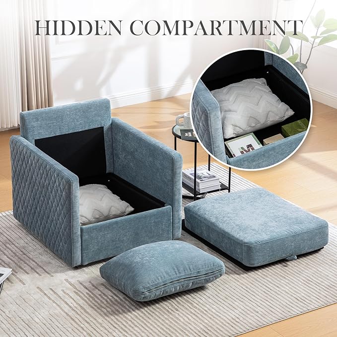 Aoiy &amp Wifon 29.5''W Swivel Accent Chair Comfy Modern Square Arm Chair with Hidden Storage for Living Room/Bedroom/Office Chenille Blue