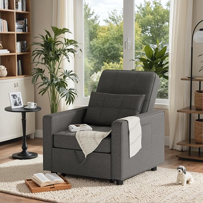 JUMMICO Sleeper Chair 3-in-1 Convertible Sleeper Sofa Bed for Adults Linen Fabric Pull Out Chair Bed with Adjustable Backrest Couches for Living Room Apartment Office Small Space (Dark Gray)