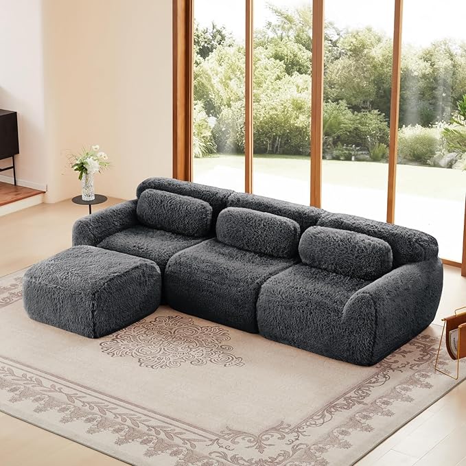 Modern Boneless Ottoman for Modular Sectional Sofa Set Deep Seat Compressed Plush Fabric Fabric Cloud Couches for Living Room Apartment No Assembly Required Grey