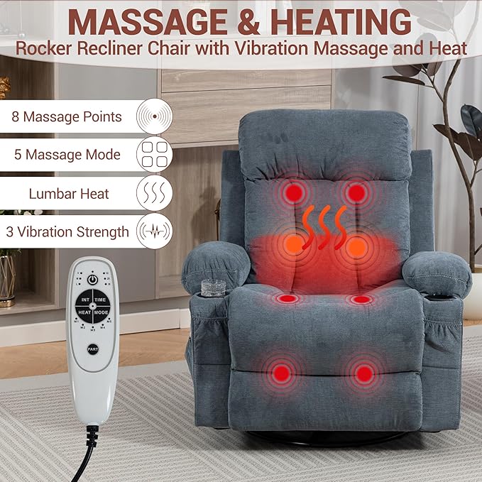 360° Swivel Rocking Chair Rocker Recliner Chair with Vibration Massage and Heat Ergonomic Lounge Chairs with Rocking Function and Side Pocket Cup Holders Blue