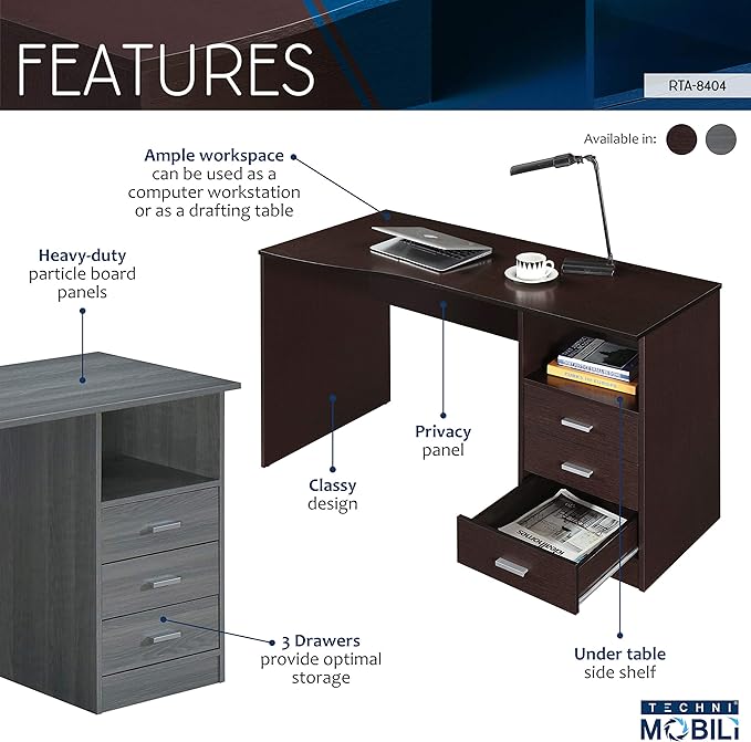 51 Classic Computer Desk with Drawers 3-Drawer Home Office Desk with Storage Grey