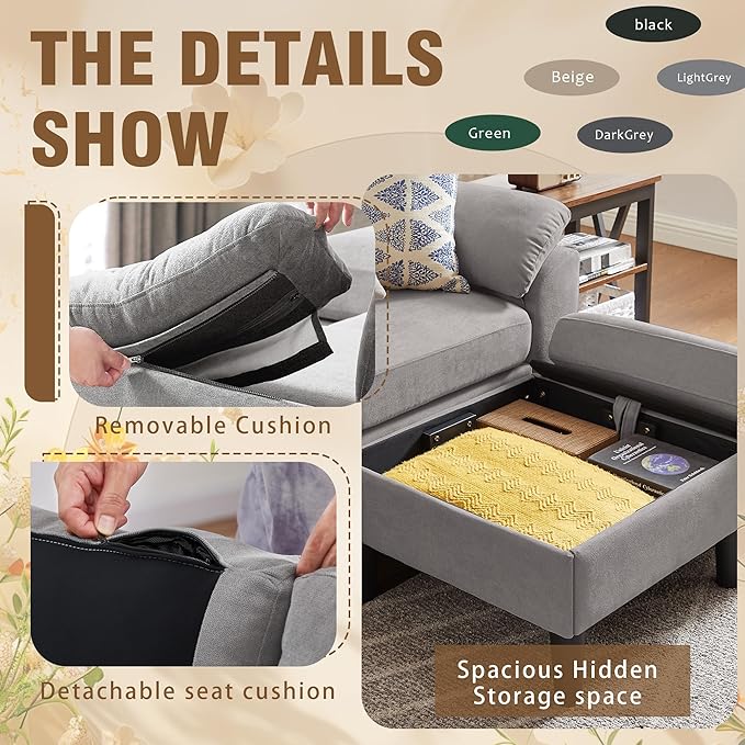 2 Piece Sectional Sofa Set 3-Seater L Shaped Couch with Storage Ottoman 2 Seat Loveseat Comfy Sofa Set Polyester Fibre for Living Room Light Grey