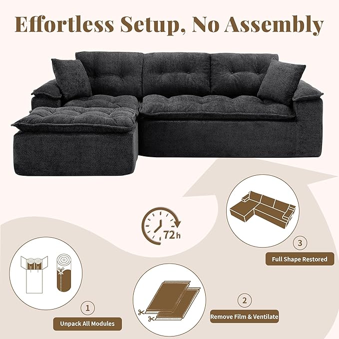 110 Modular Sectional Sofa Cloud Sectional Couch with Ottoman Modern L Shaped Sofa with Deep Seat Upholstered Boneless Couch for Living Room with Layered Cushion No Assembly Black